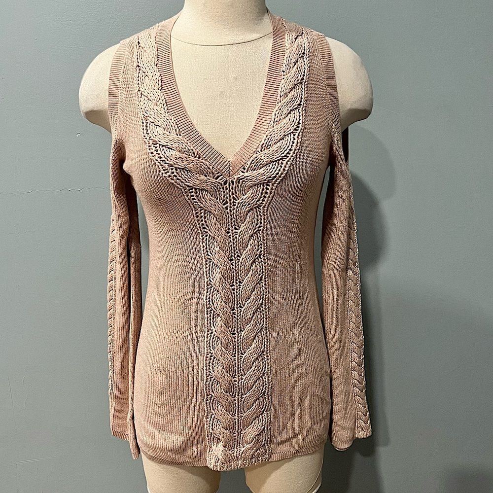 White House Black Market Metallic Pink Cable Knit Cold Shoulder Sweater Sz Small